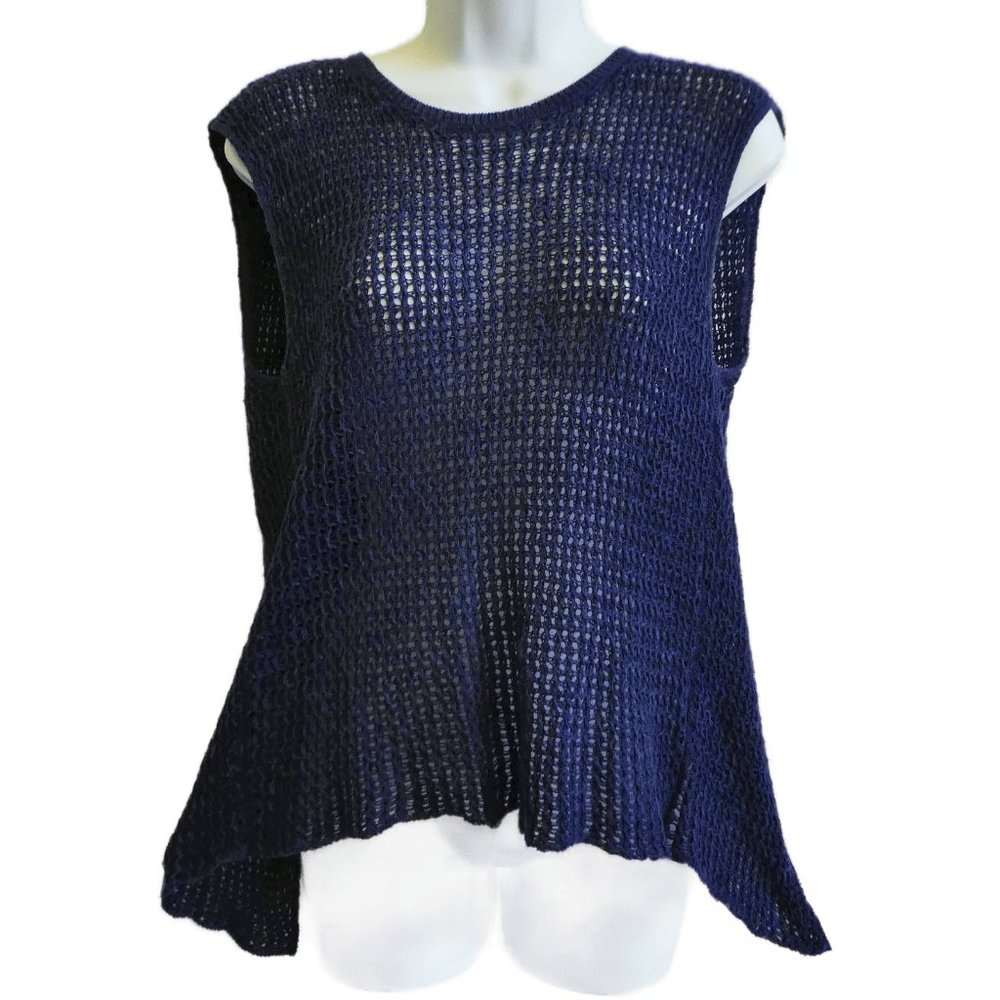 Eileen Fisher Navy Crochet Open Knit Split Back Top Organic Linen Cotton Blend